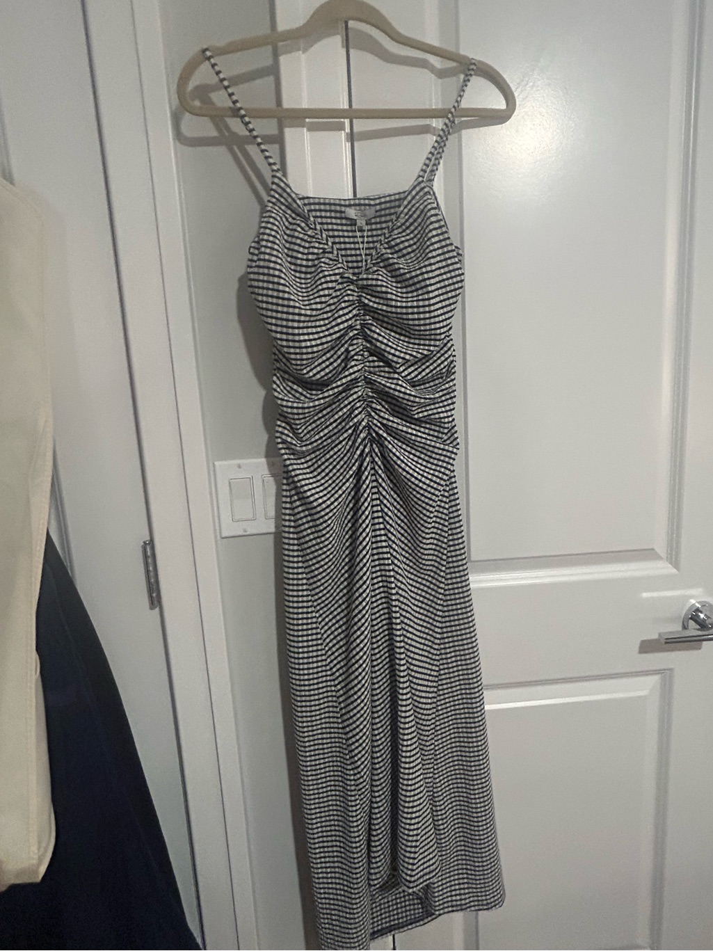Rails Black & White Gingham Ruched Strap Midi Dress